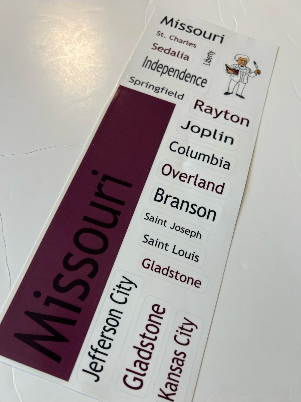 Missouri State Cities Sticker Sheet - Maroon & White City Names